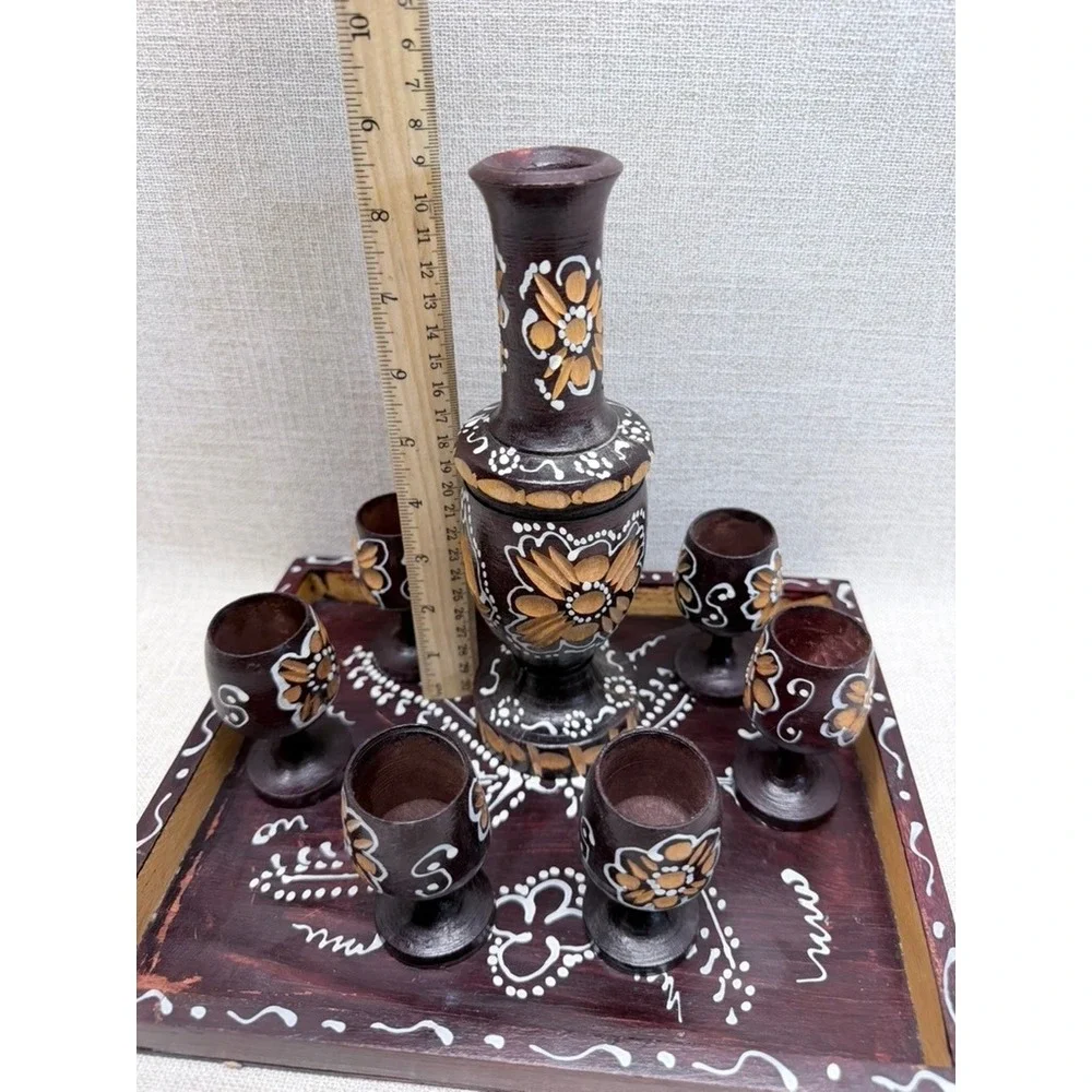 Vintage Hand Painted Carved Wood Decanter Set Tray 6 Goblets‎ Folk Art Barware